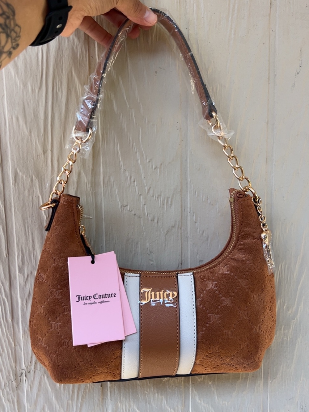Juicy Couture Brown Suede Shoulder Bag with White Stripe